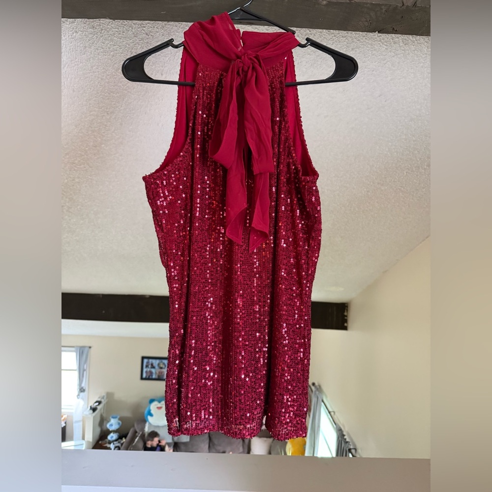 Calvin Klein Red Sequin Sleeveless Top with Bow